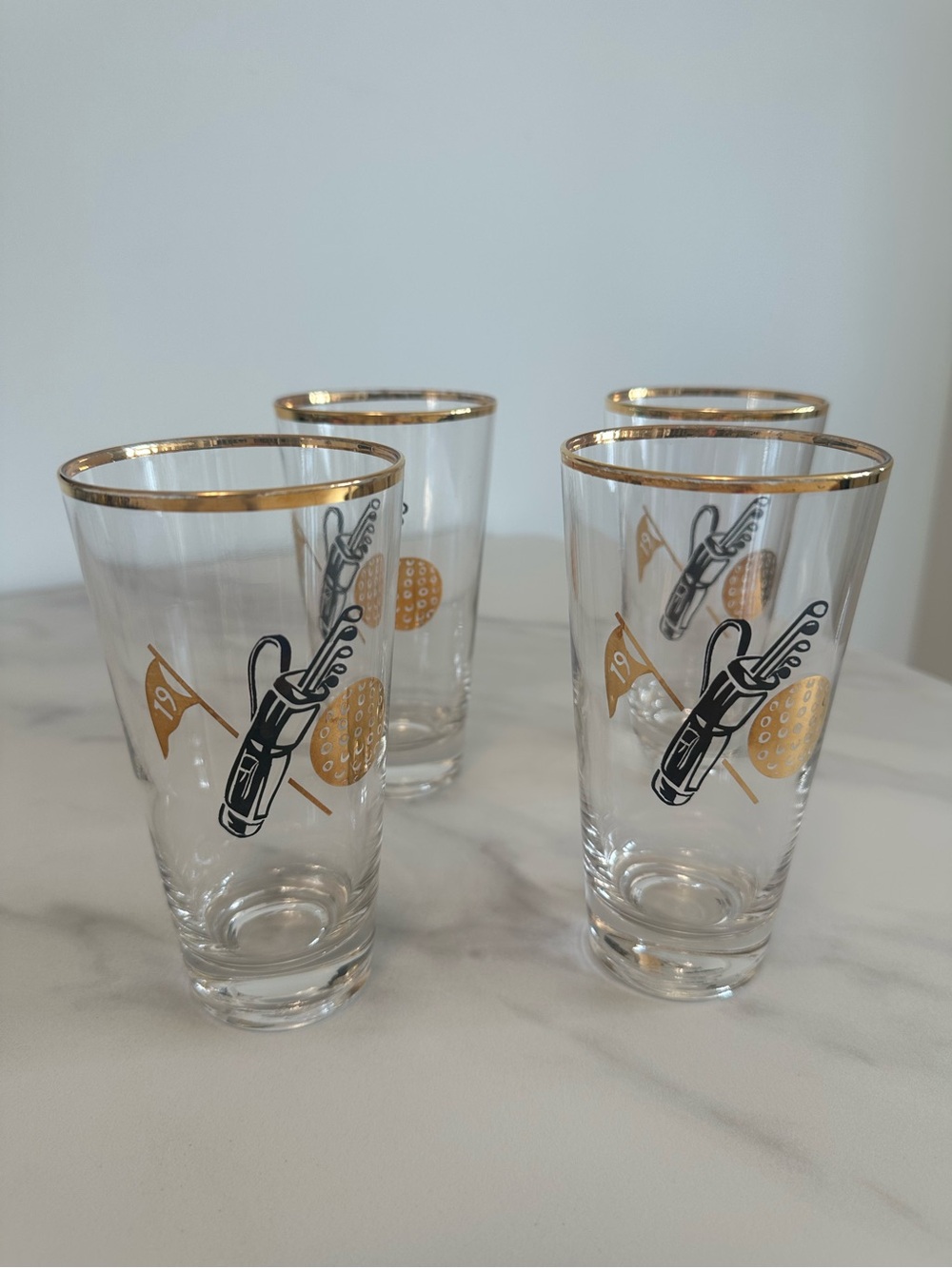 Set Of 4 Vintage Federal Glass MCM Gold-Rim Golf Print Cocktail Tumblers